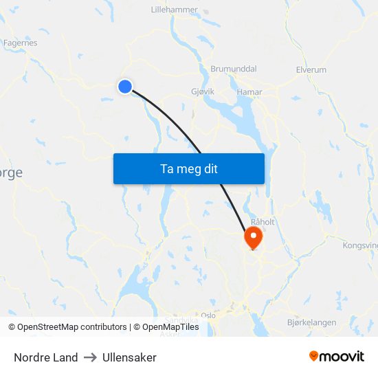 Nordre Land to Ullensaker map