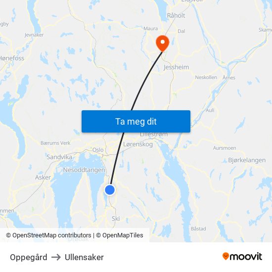 Oppegård to Ullensaker map