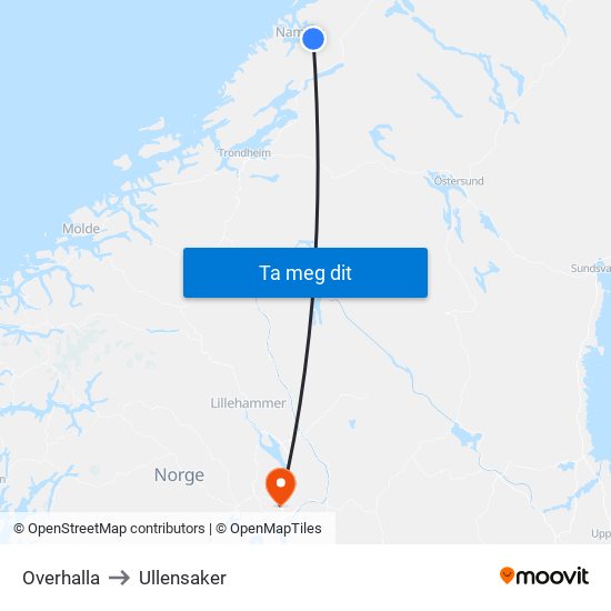 Overhalla to Ullensaker map