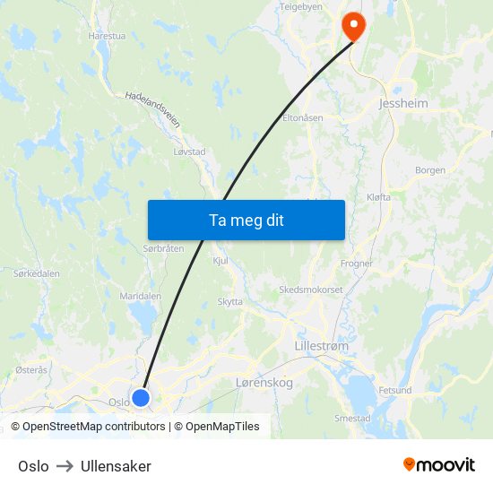 Oslo to Ullensaker map
