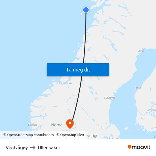 Vestvågøy to Ullensaker map