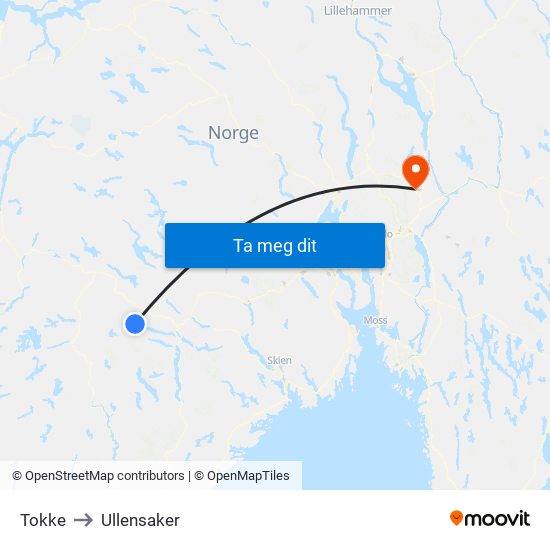 Tokke to Ullensaker map