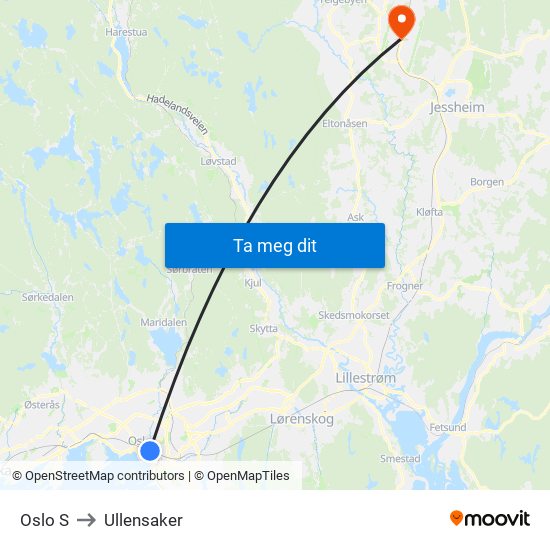 Oslo S to Ullensaker map
