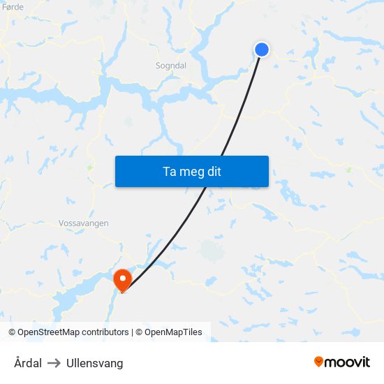 Årdal to Ullensvang map