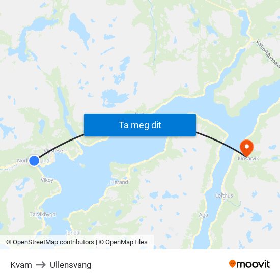 Kvam to Ullensvang map