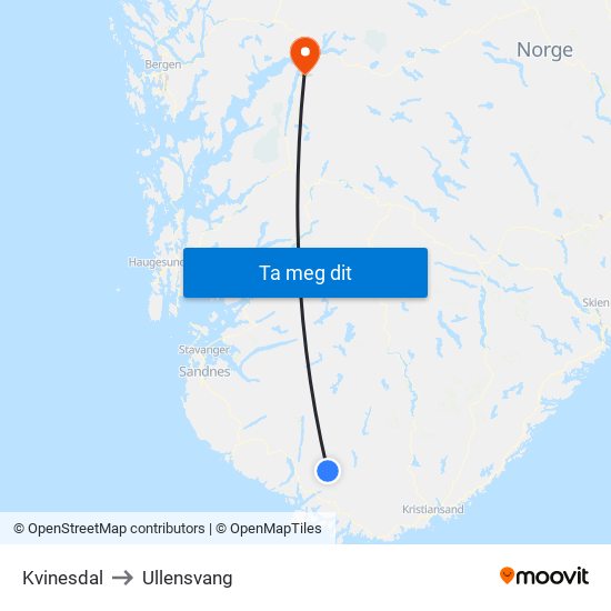 Kvinesdal to Ullensvang map