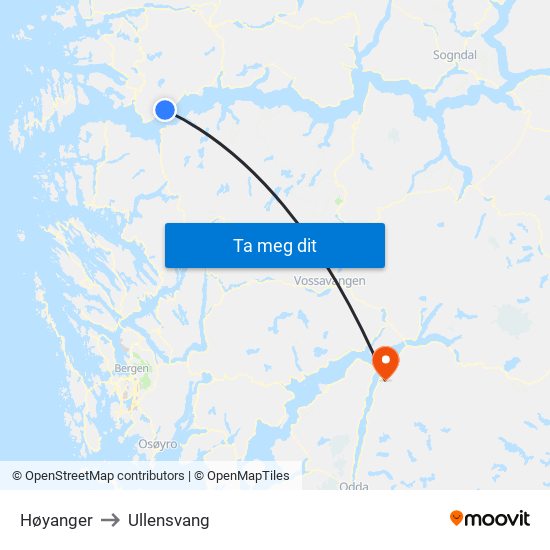 Høyanger to Ullensvang map