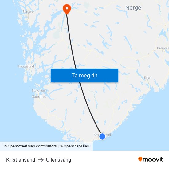 Kristiansand to Ullensvang map