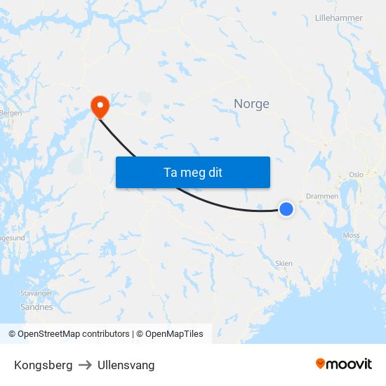 Kongsberg to Ullensvang map