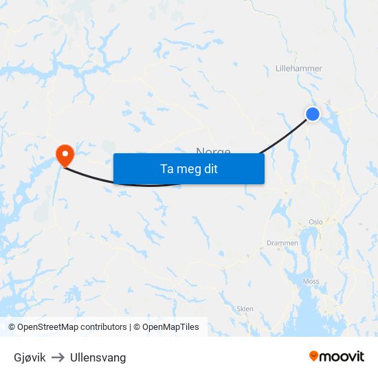 Gjøvik to Ullensvang map