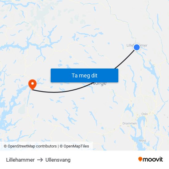 Lillehammer to Ullensvang map