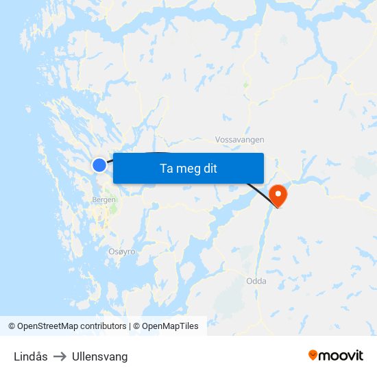 Lindås to Ullensvang map