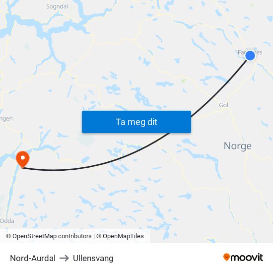 Nord-Aurdal to Ullensvang map