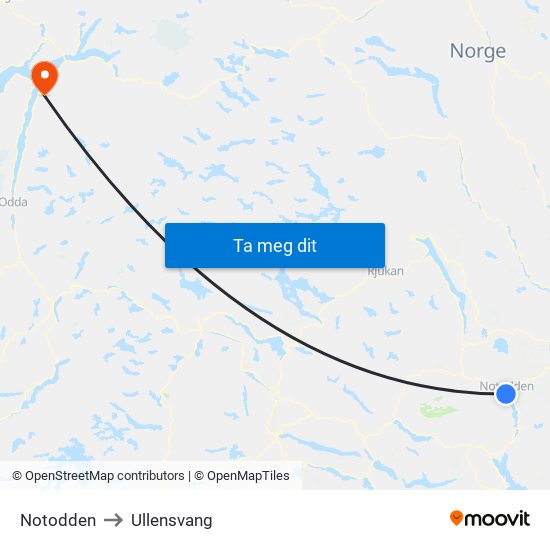 Notodden to Ullensvang map