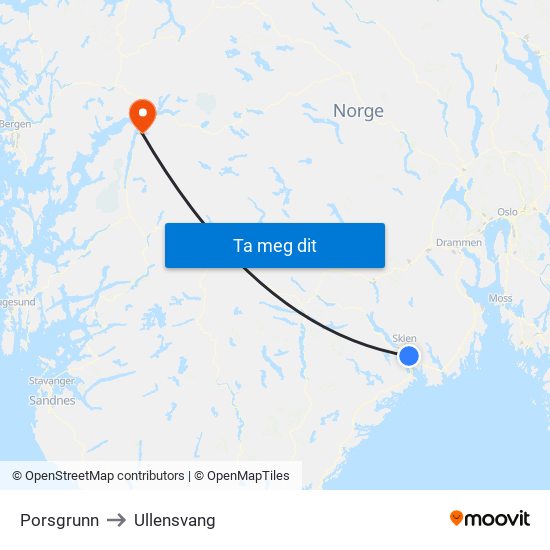 Porsgrunn to Ullensvang map