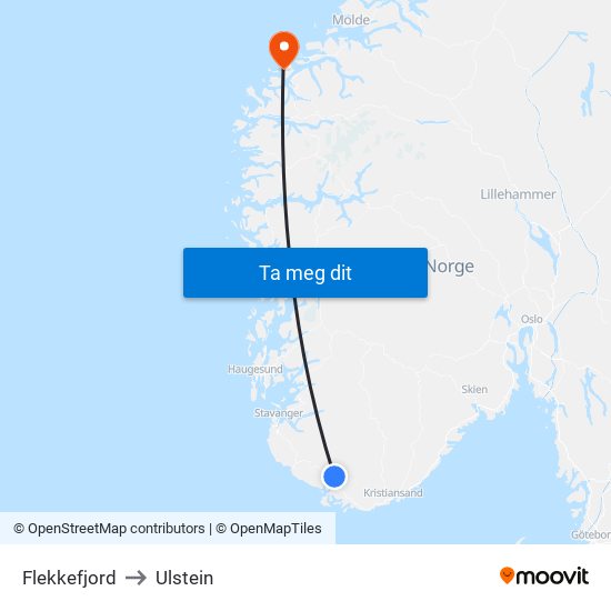 Flekkefjord to Ulstein map