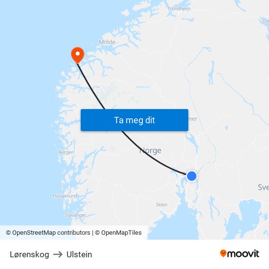 Lørenskog to Ulstein map