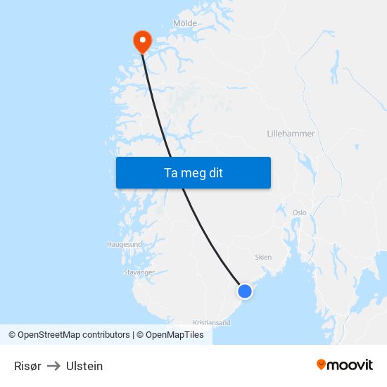 Risør to Ulstein map