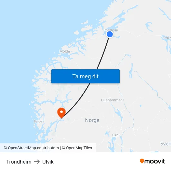 Trondheim to Ulvik map