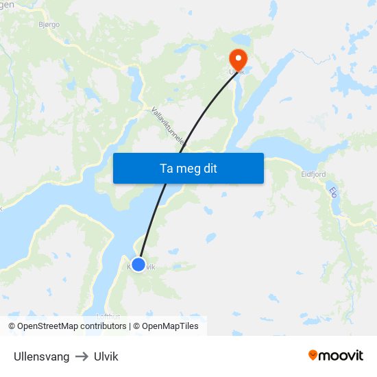 Ullensvang to Ulvik map