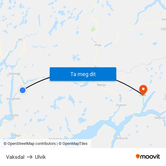 Vaksdal to Ulvik map