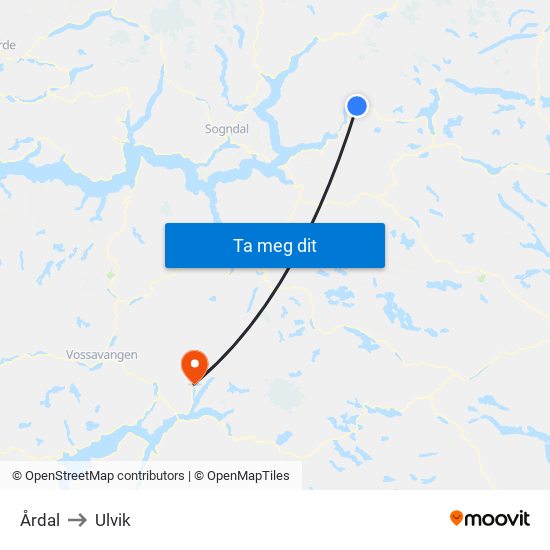 Årdal to Ulvik map