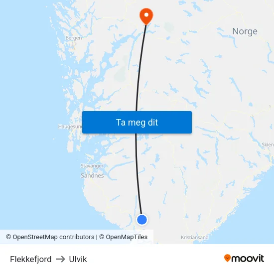 Flekkefjord to Ulvik map
