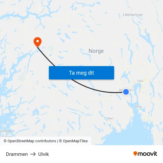 Drammen to Ulvik map