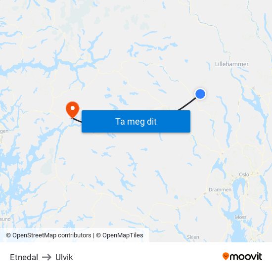 Etnedal to Ulvik map