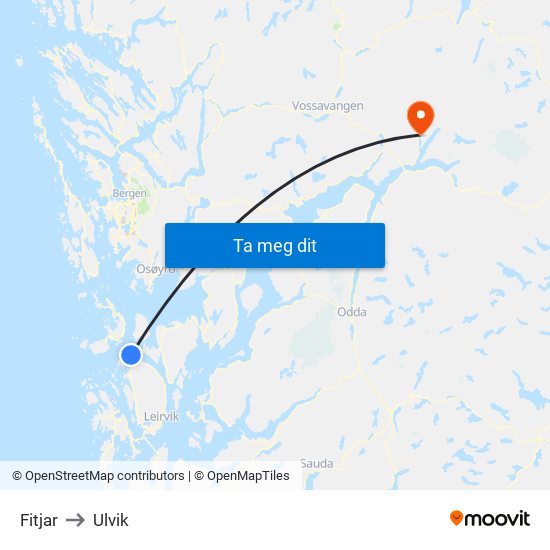 Fitjar to Ulvik map