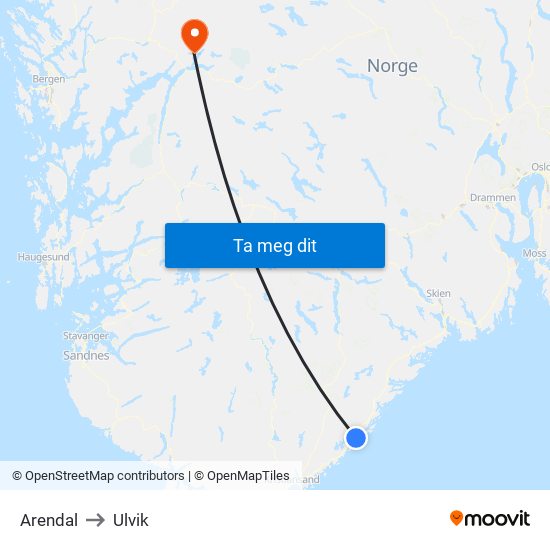 Arendal to Ulvik map