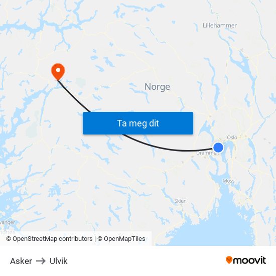 Asker to Ulvik map
