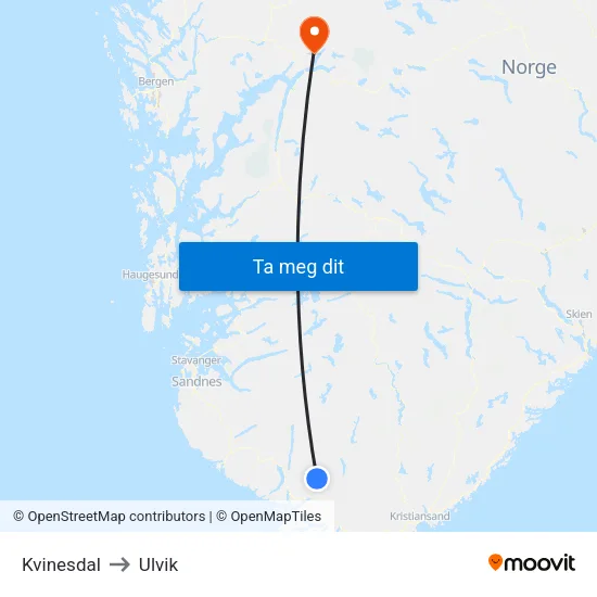 Kvinesdal to Ulvik map