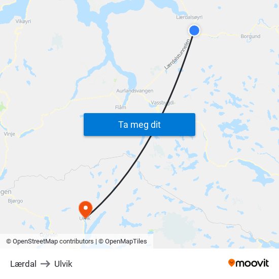 Lærdal to Ulvik map