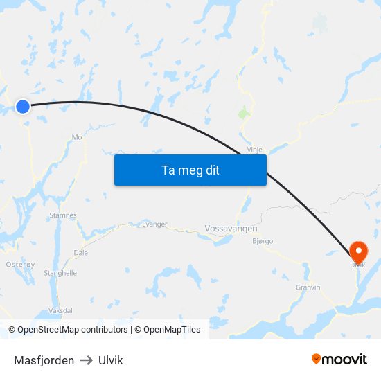 Masfjorden to Ulvik map