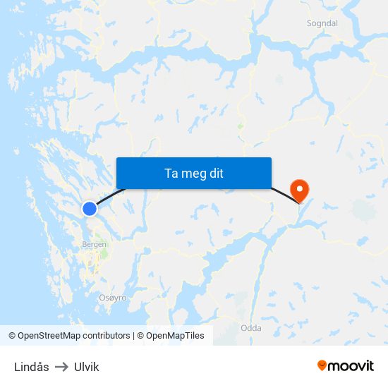 Lindås to Ulvik map