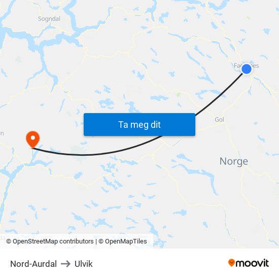 Nord-Aurdal to Ulvik map