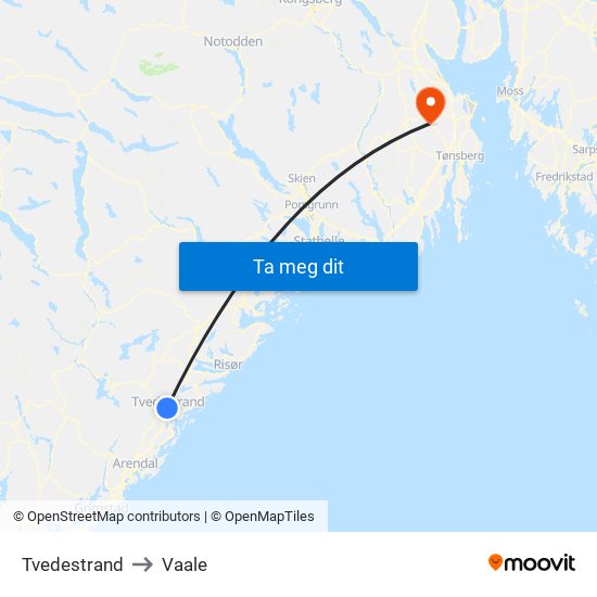 Tvedestrand to Vaale map