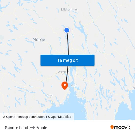 Søndre Land to Vaale map