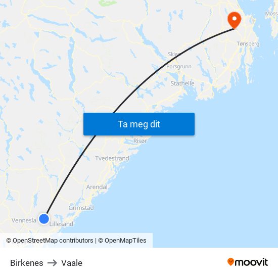 Birkenes to Vaale map