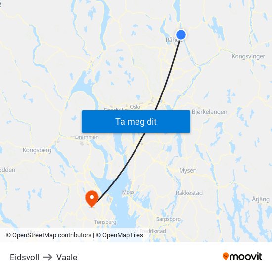 Eidsvoll to Vaale map