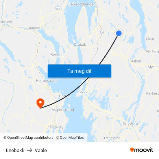 Enebakk to Vaale map