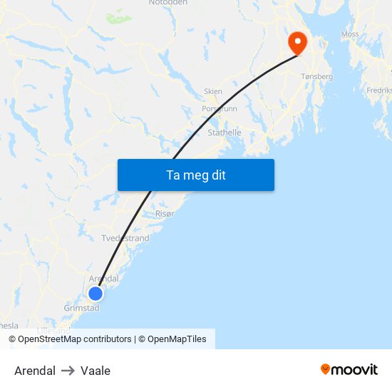 Arendal to Vaale map