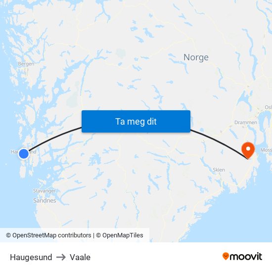 Haugesund to Vaale map