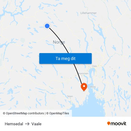 Hemsedal to Vaale map