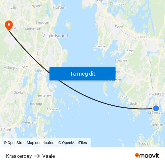 Kraakeroey to Vaale map