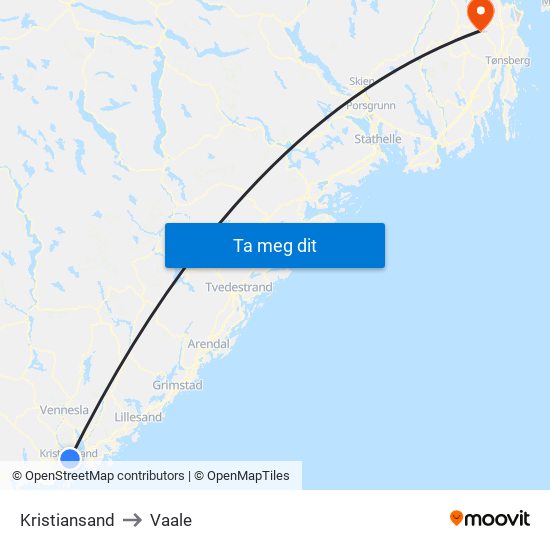 Kristiansand to Vaale map