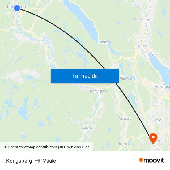 Kongsberg to Vaale map