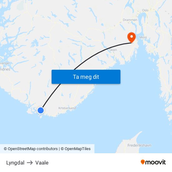 Lyngdal to Vaale map