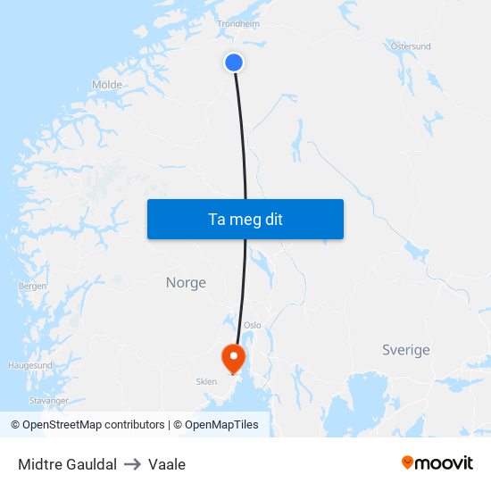 Midtre Gauldal to Vaale map